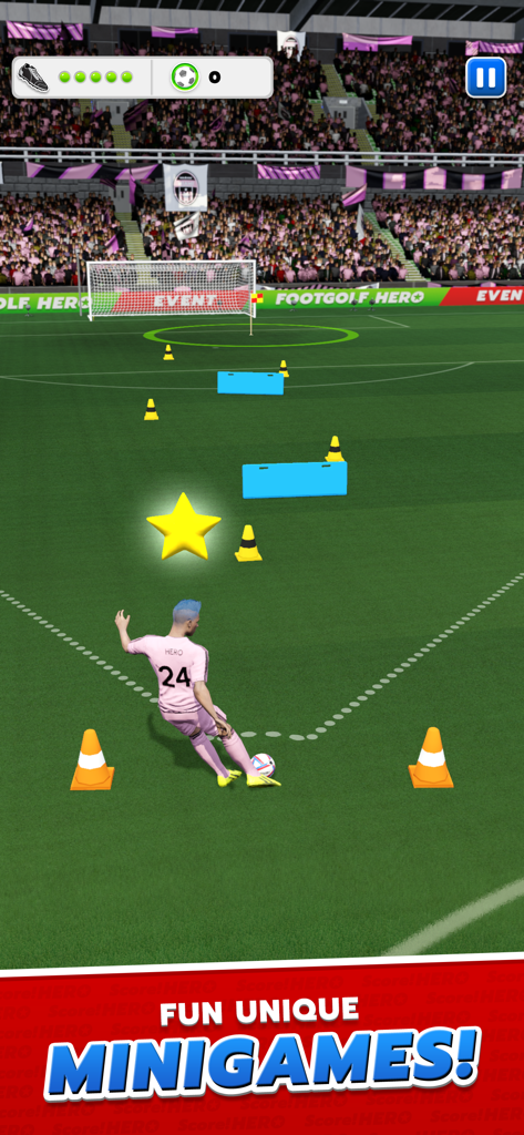 Score! Hero - Score Hero Fußballspieler im pinken Trikot nimmt an einem Trainings-Minispiel mit Hindernissen teil