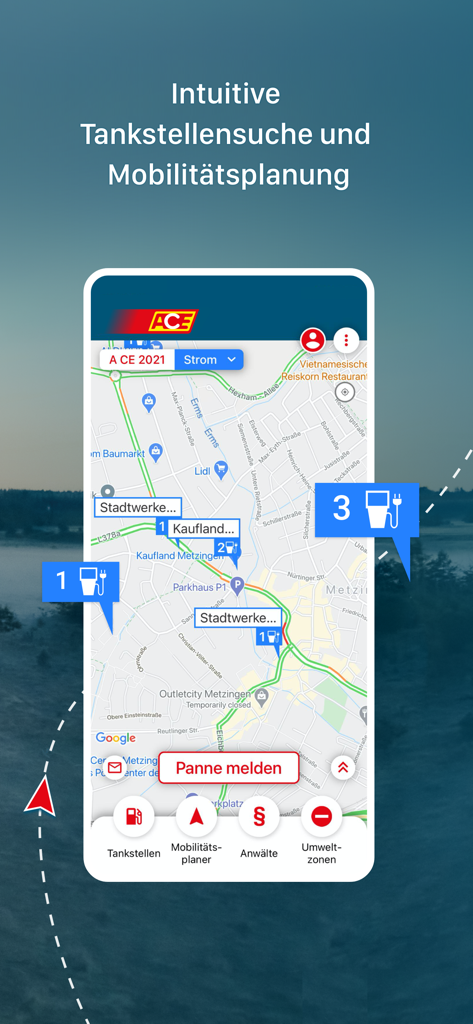 Interfaz de la app ACE Auto Club Europa mostrando un mapa con búsqueda de gasolineras y herramientas de planificación de movilidad
