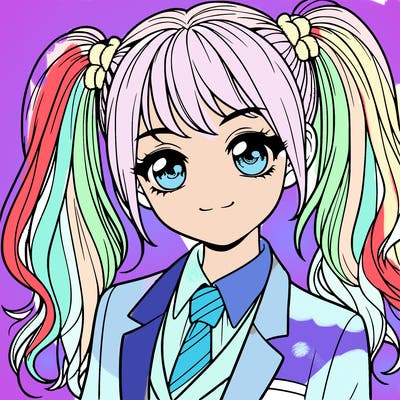 realistic girl with two ponytails and a suit on