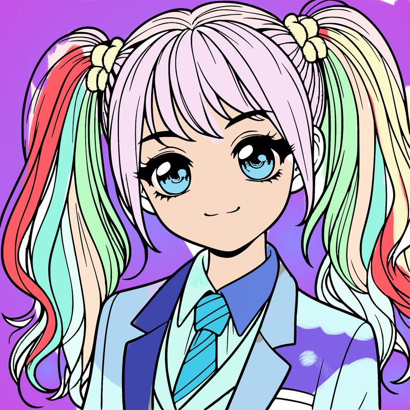 realistic girl with two ponytails and a suit on