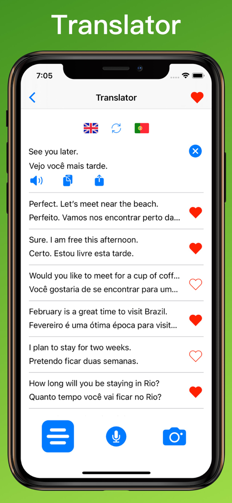 ポルトガル語翻訳アプリのインターフェース。英語からポルトガル語へのフレーズ翻訳を表示。