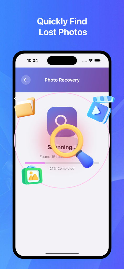 Photo Recovery-Data Recovery - Interfaz de la aplicación Photo Recovery que muestra un escaneo en curso de imágenes y videos perdidos
