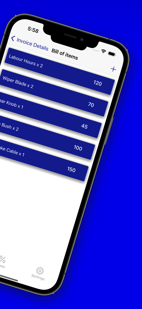Una pantalla de smartphone que muestra una factura detallada de artículos que incluyen mano de obra y costos de piezas dentro de una aplicación creadora de facturas