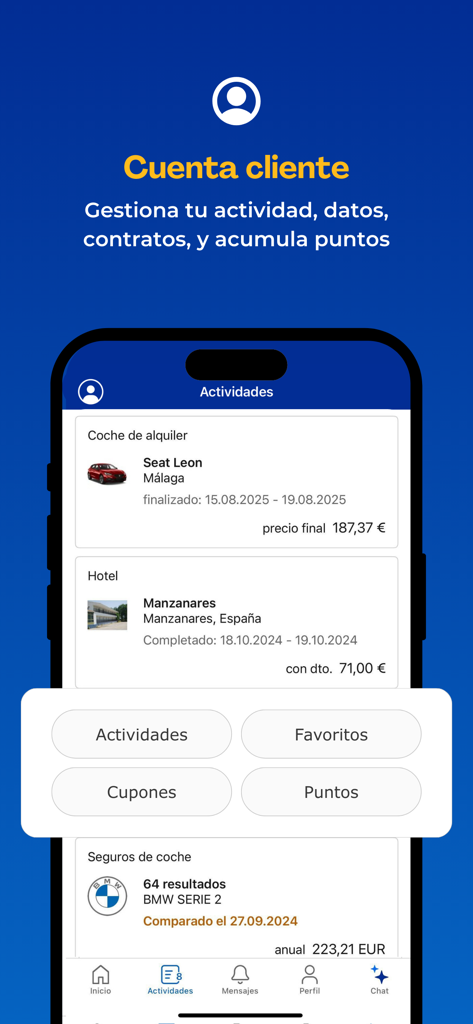 CHECK24 España - CHECK24 España mobile app showing the customer account screen with recent car rental and hotel bookings
