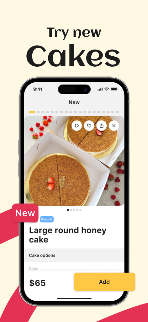Interface of Mary's Bakery app displaying a large round honey cake for sale