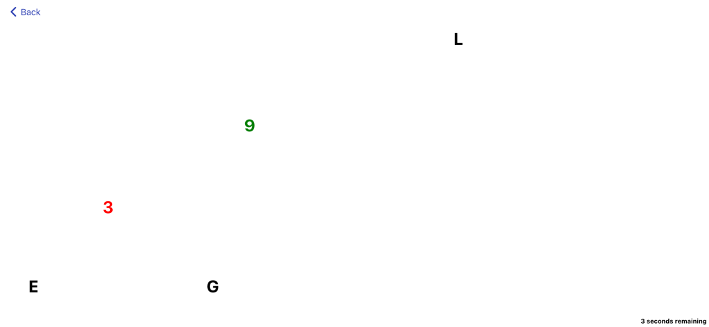 Brain Tool Kit - Cognitive rehabilitation exercise with scattered letters and colored numbers.
