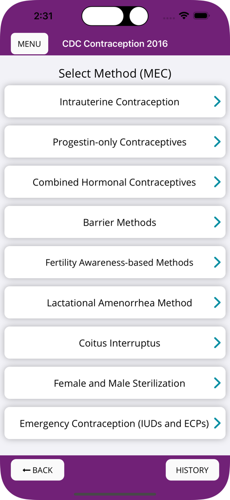 CDC Contraception mobile app screen for selecting contraceptive methods under MEC guidelines