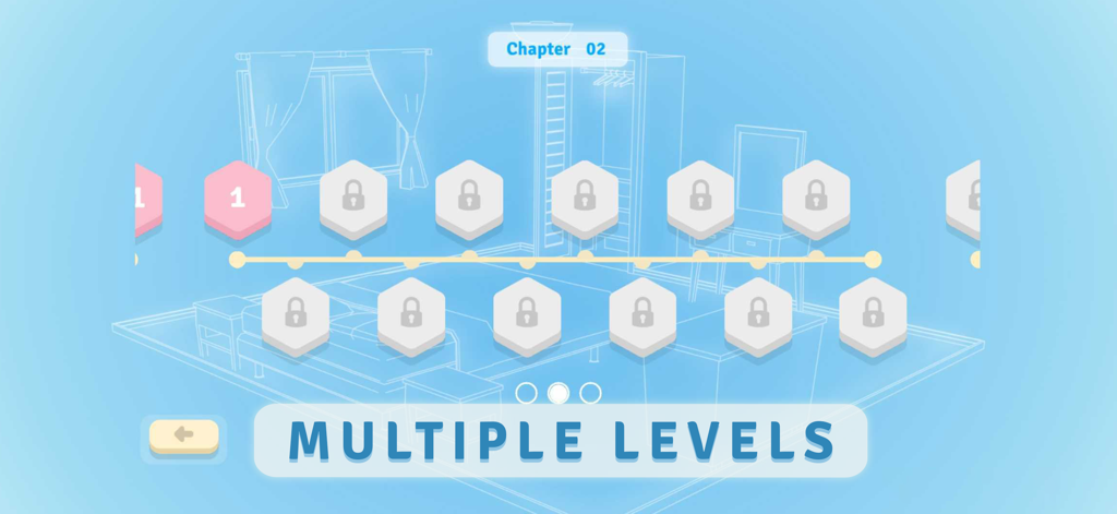 Possessions: Puzzle Vistas - 六角形のパズルアイコンと設計図の部屋の背景を示す、チャプター2のミニマリストレベル選択メニュー