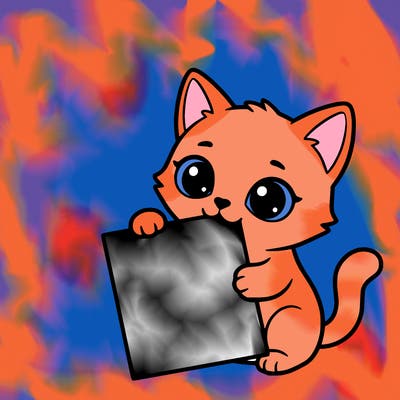 a small cat with a blank sheet of paper in its hand. the cat is sooooooo cute!