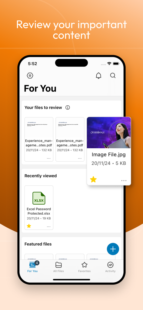 Content - Workspace ONE - 검토할 파일 및 최근에 본 문서를 포함하는 'For You' 대시보드를 표시하는 Workspace ONE 콘텐츠 앱 인터페이스