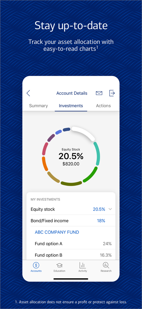 Merrill Lynch Benefits OnLine 앱 인터페이스는 투자 자산 배분 차트를 보여줍니다.