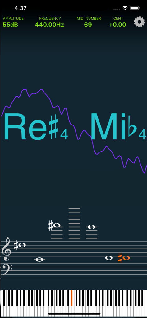 Pitch Analyzer app interface showing frequency MIDI number musical staff and piano keyboard for real-time pitch detection