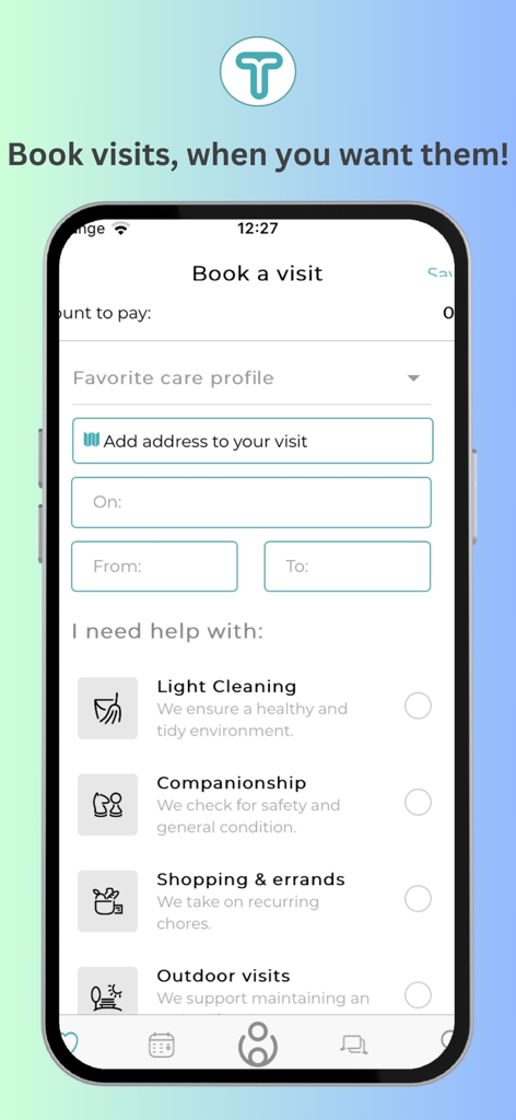 Tenderly Clients - Tenderly Clients app interface for booking a home care visit with specific service selections.