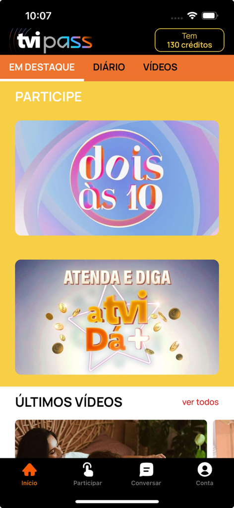 Pantalla de inicio de la aplicación móvil TVI Pass con contenido de televisión portuguesa y concursos interactivos