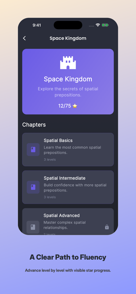 Interfaz de la aplicación PrepoQuest que muestra el módulo de aprendizaje del Reino Espacial para preposiciones espaciales con niveles de capítulos.