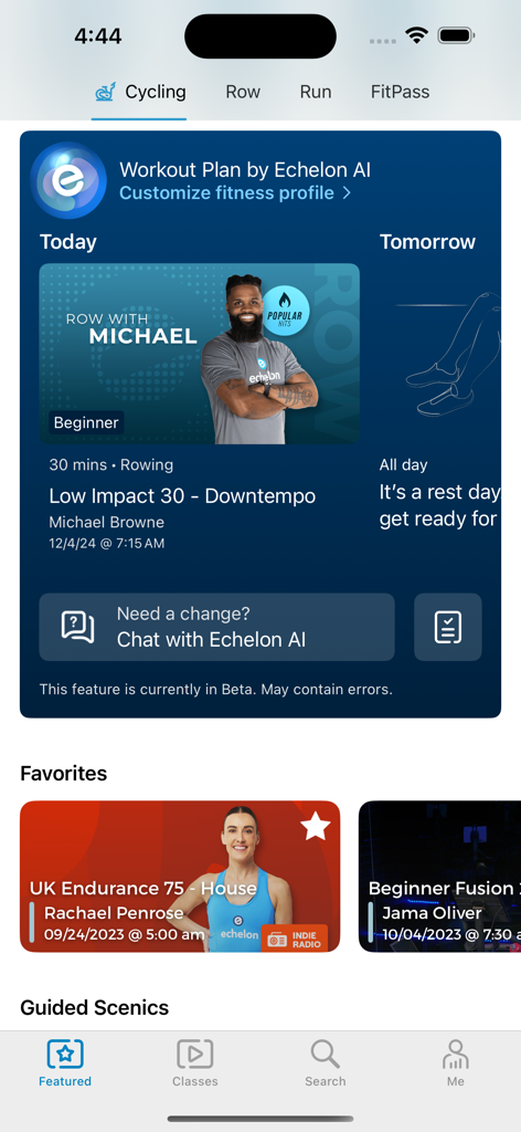 Echelon Fit app dashboard featuring a personalized AI workout plan and recommended rowing and cycling classes.