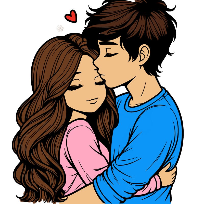 a realistic couple boy and girl hugging and kissing