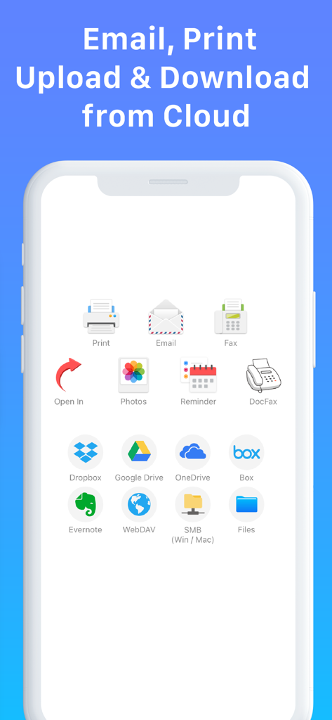 Mobile app screen showing various sharing and cloud storage options like Dropbox, Google Drive, and Fax for PDF documents.