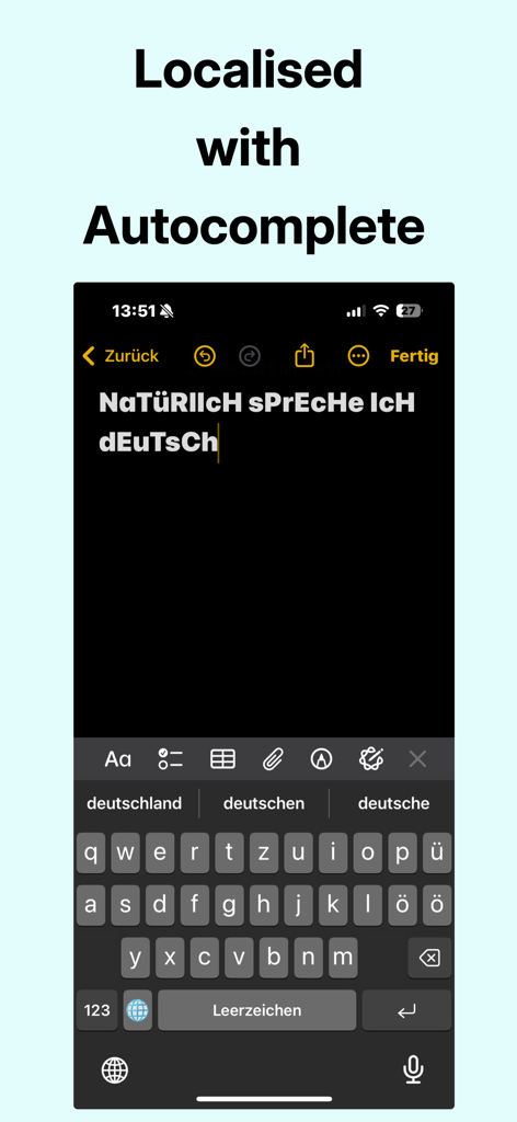 sPoNgEcAsE app screenshot displaying a localized German keyboard with autocomplete and alternating case text