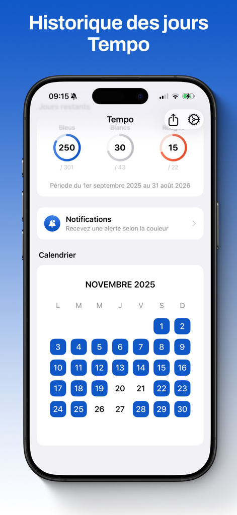 Tempo EDF app showing energy color history and calendar view