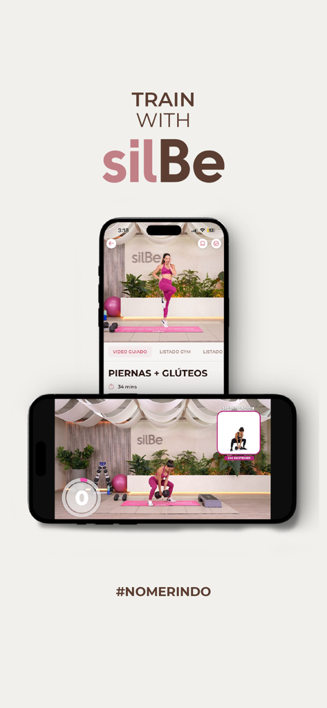 silBe: Fitness for Women - Interfaz de la aplicación de fitness silBe para mujeres que muestra videos de ejercicios guiados de piernas y glúteos en dispositivos móviles