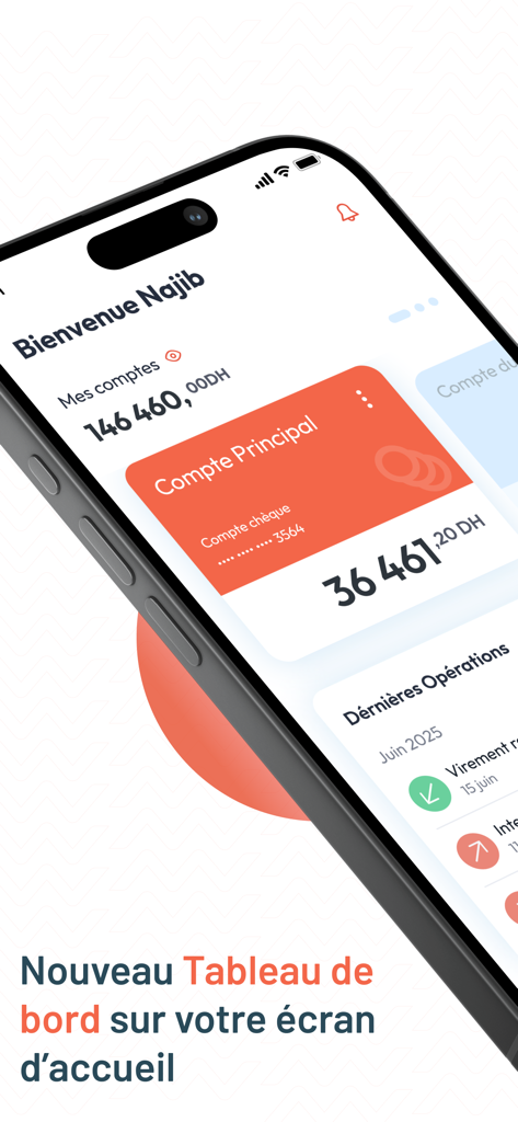 Attijari Mobile - L'écran d'accueil de l'application mobile Attijari affiche le solde du compte et les transactions récentes.