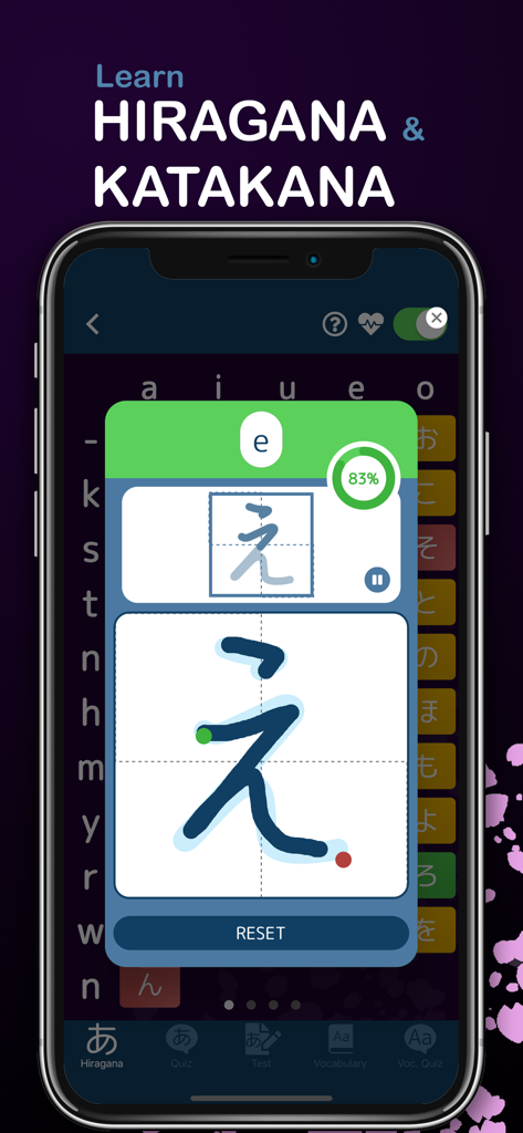 Kanji GO – Learn Japanese - Un écran d'application mobile montrant un exercice d'écriture de caractères Hiragana japonais avec un indicateur de progression.