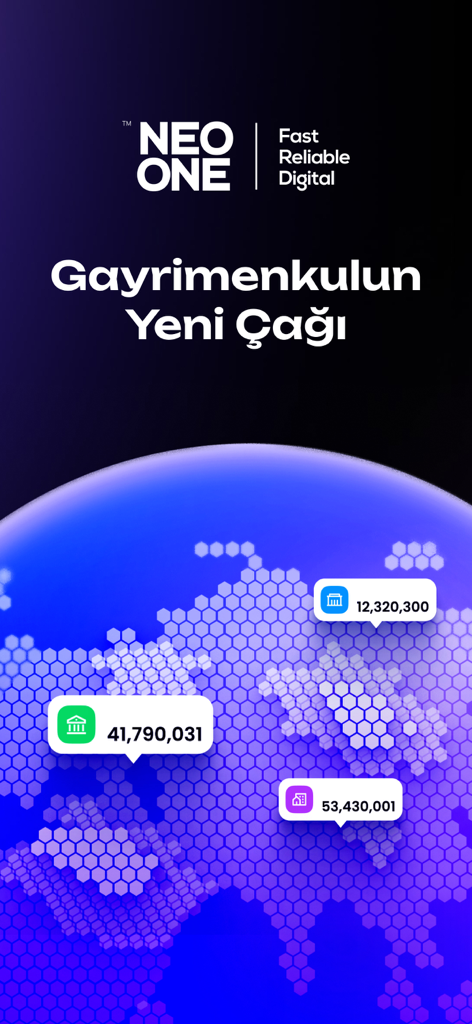 NeoOne - Écran d'accueil de l'application immobilière NeoOne affichant un globe numérique avec des marqueurs de données immobilières