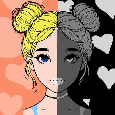 realistic girl with two buns on top of her head