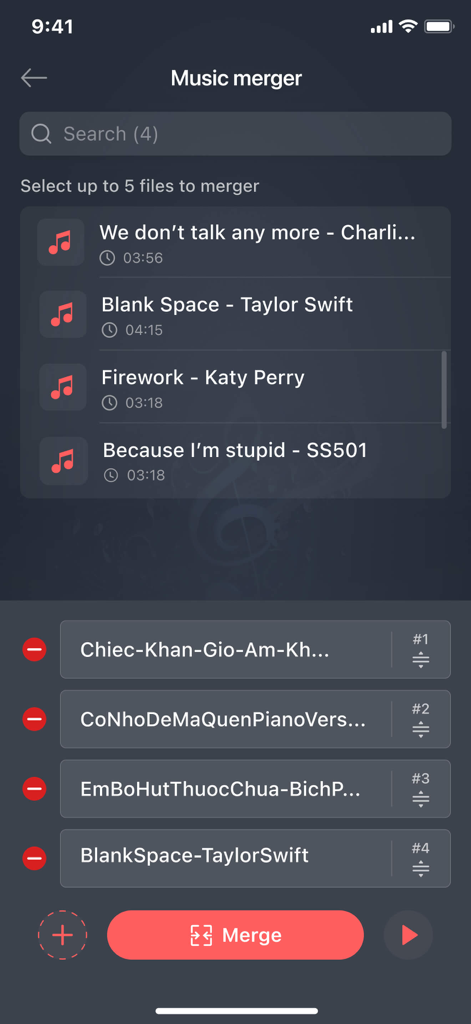 Music merger screen of the Mp3 Cutter app showing a list of selected audio files to combine