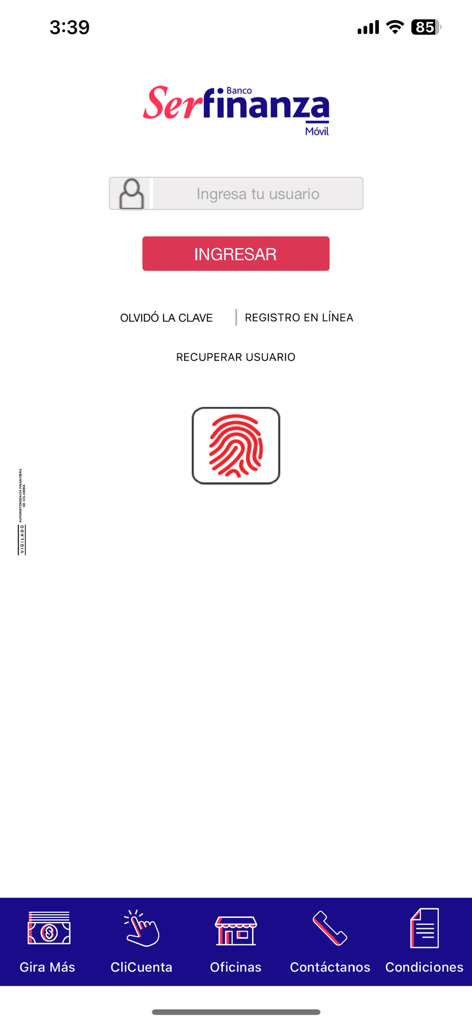Página de inicio de sesión de Serfinanza Móvil Personas con campo de usuario e icono de huella dactilar