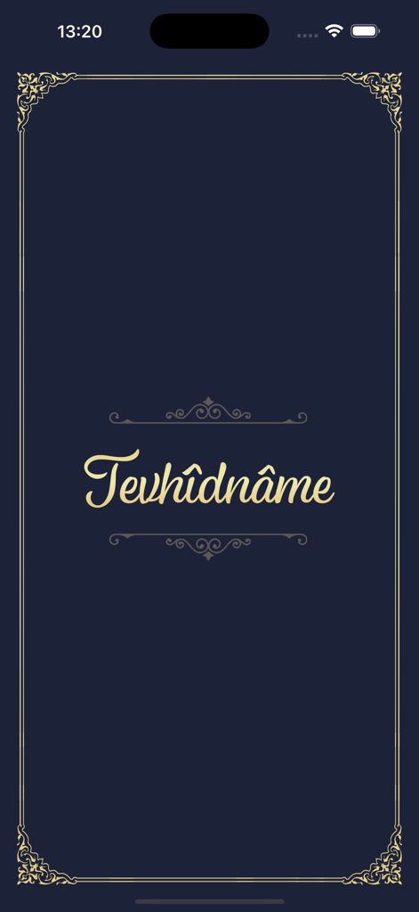 Tevhidname - The splash screen of the Tevhidname app featuring gold script lettering and ornate corner decorations on a dark navy blue background.