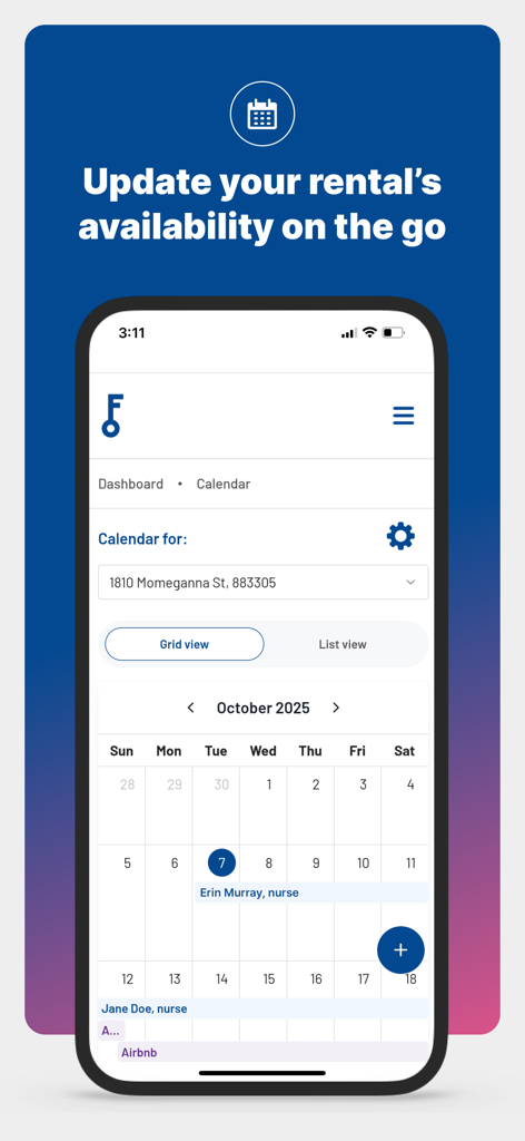 Furnished Finder - Un smartphone que muestra el panel del propietario de Furnished Finder con un calendario de disponibilidad mensual para alquileres a medio plazo.