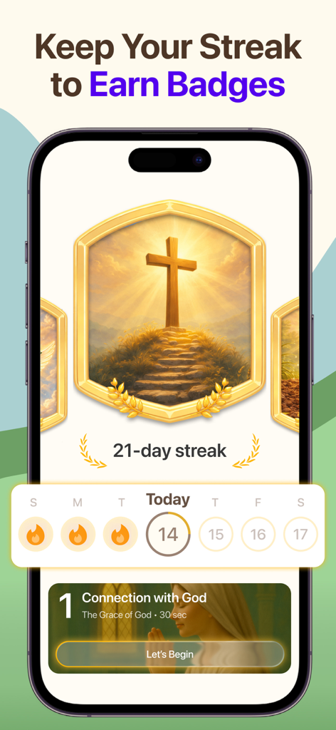 Biblical: Bible Chat & Widget - Mobile interface of Biblical app showing daily habit streaks and spiritual badges