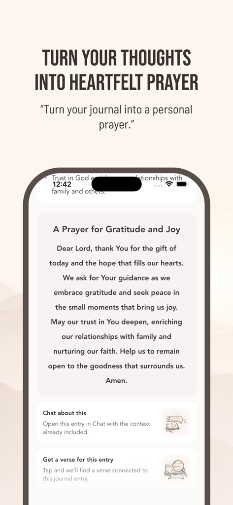 Un'interfaccia di app mobile che mostra una preghiera di gratitudine e gioia generata da una voce di diario.