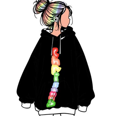 realistic girl with a oversized sweatshirt on and a bun