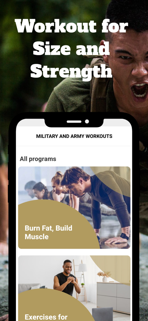 Military and Army Workouts - Mobile interface of the Military and Army Workouts app showing various fitness programs for strength and muscle building.