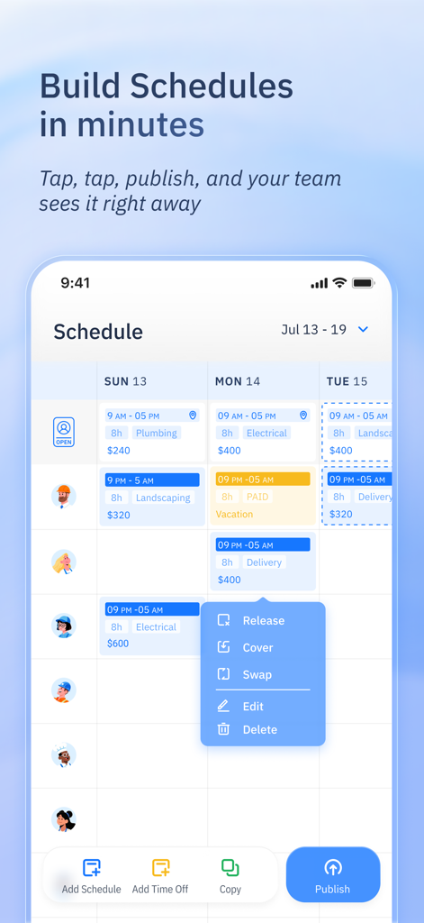 Mobile app screen showing a team work schedule with options to edit swap and publish shifts