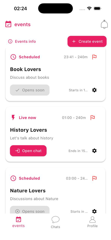 HAYO-Community - HAYO-Community mobile app events interface showing scheduled and live interest groups like Book Lovers and History Lovers