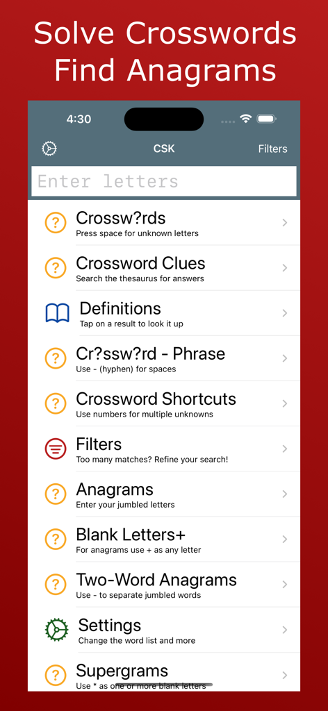 Crossword Solver King - Main menu of the Crossword Solver King app showing options for crosswords, anagrams, and definitions.