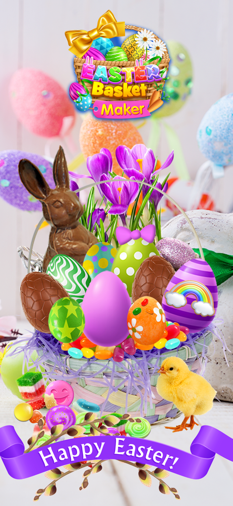 Easter Basket Maker Decorate - A colorful virtual Easter basket filled with a chocolate bunny, rainbow eggs, and spring candies.