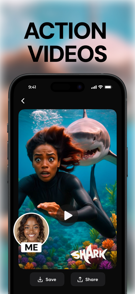 A mobile interface for the Plum AI app showcasing an action video feature where a woman's face is superimposed onto a diver being chased by a shark underwater.