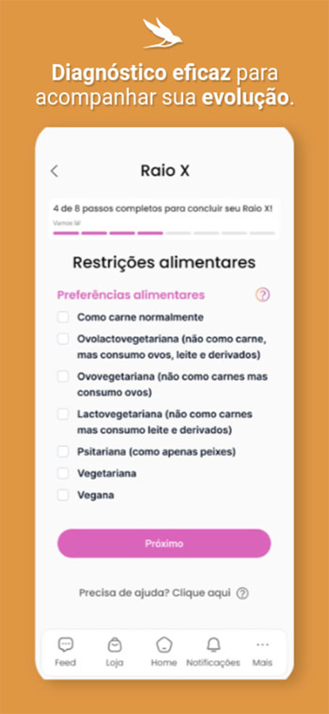 Mulher Em Forma - A mobile screen from the Mulher Em Forma app showing a dietary preference questionnaire with options like vegetarian and vegan as part of a personalized fitness assessment.