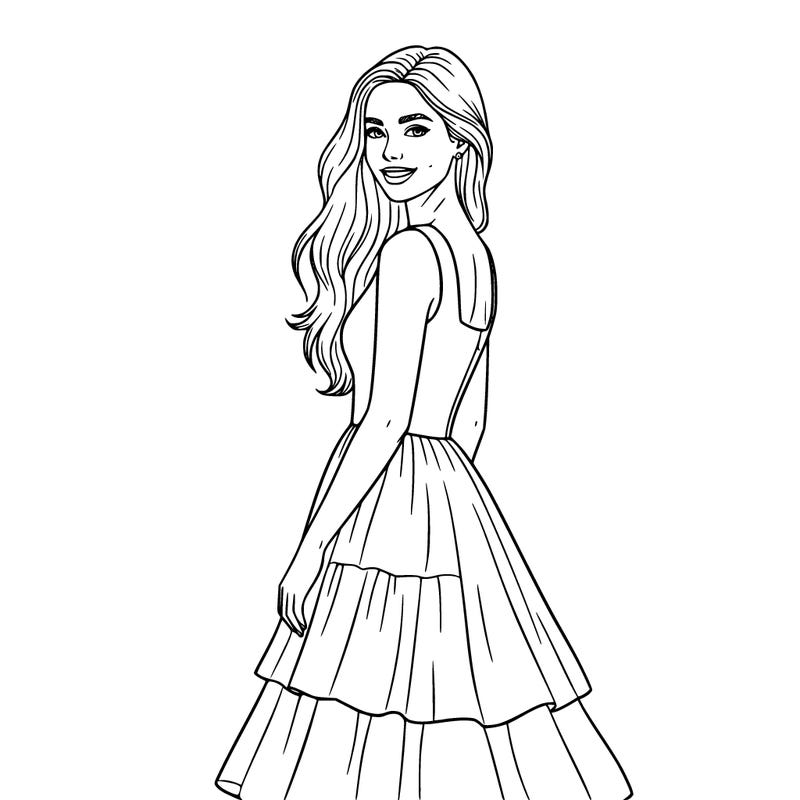 a kind of close up girl who is really pretty. she has hair to her waist that is really pretty. one side of her hair is behind her and the other half is in front of her. she is wearing a really pretty prom dress. it is a square neck dress that is flowy and is tiered. it has tank top like sleeves. she is smiling and is looking really pretty.