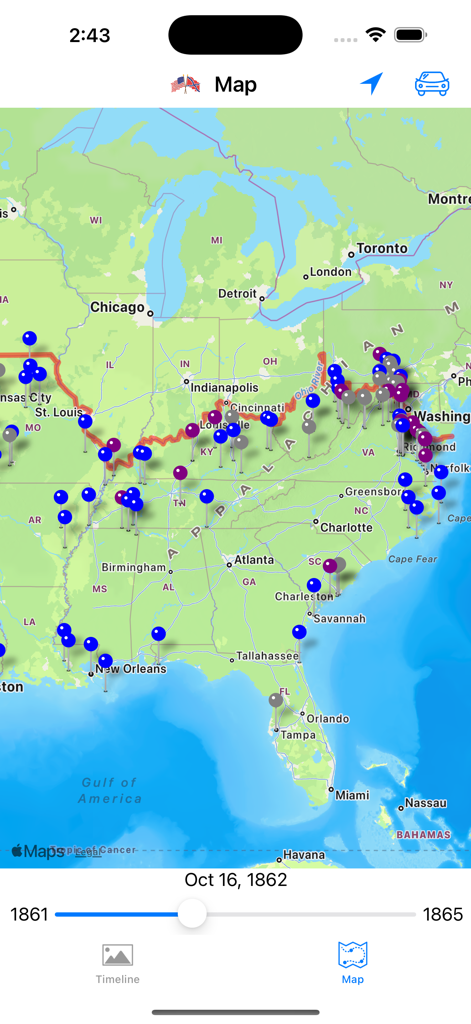 Civil War Battles - Interactive map showing locations of Civil War battles across the United States with a timeline slider