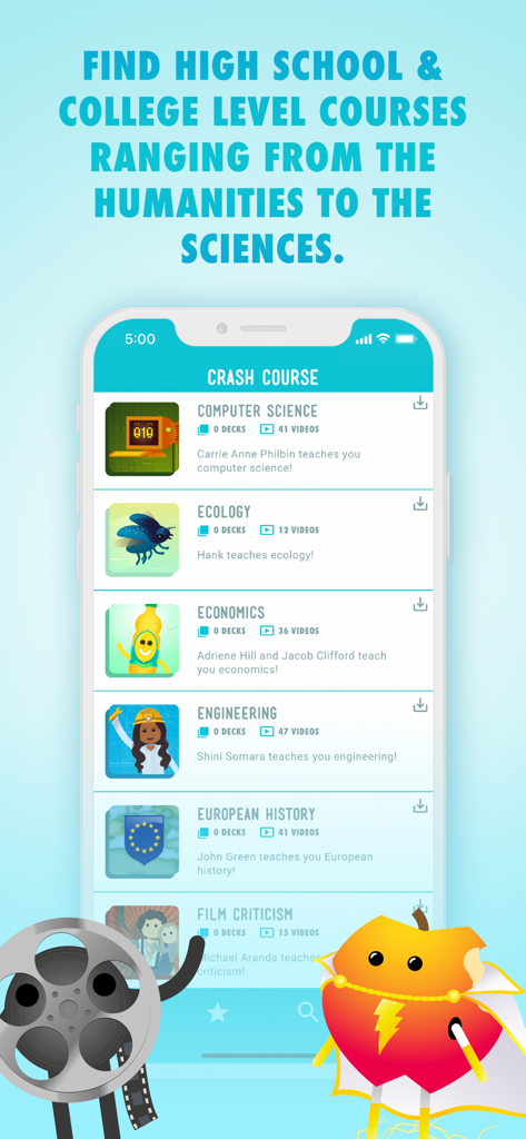 A list of educational courses on the Crash Course app featuring subjects like Computer Science, Ecology, and Economics.