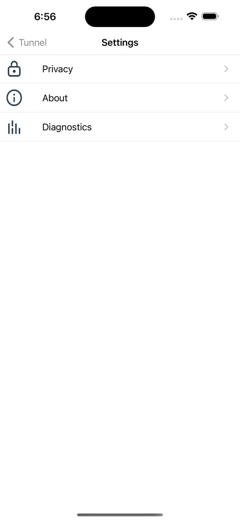 Settings menu of the Tunnel Workspace ONE app showing privacy and diagnostics options