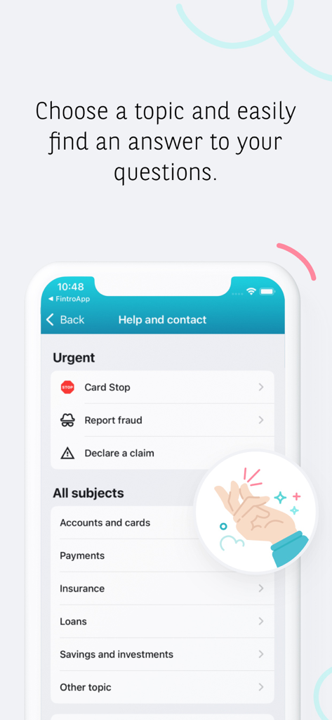 Écran d'aide et de contact de l'application Hello bank! Belgique montrant des options urgentes comme le blocage de carte et des sujets généraux comme les paiements et les comptes