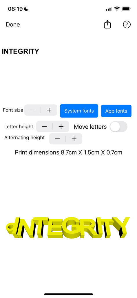 3D Box Maker - Interface of the 3D Box Maker app showing customization tools for a 3D printable text keychain