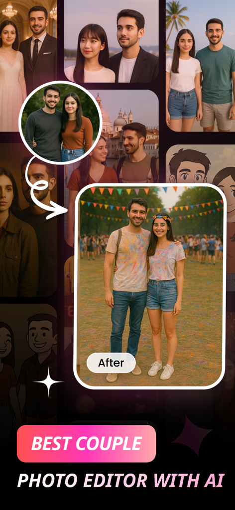 AI Couple Photo Generator - KI-Partnerfoto-Editor, der vielfältige künstlerische Stile und eine festliche Vorher-Nachher-Transformation zeigt